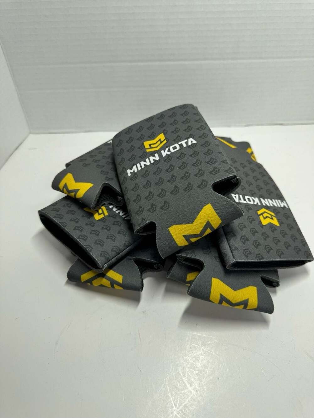 Set of 6 Minn Kota Branded Neoprene Can Coolers Koozies Black and Yellow